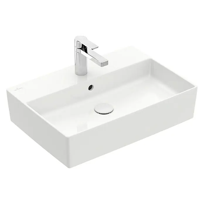 Villeroy & Boch Memento 2.0 Aufsatzwaschbecken - 60 x 42 cm, Ohne Spezialglasur, Hahnloch: Mitte, Mit Überlauf, Weiß - Keramikwaschtisch mit Armatur. Das elegante Design des Waschtischs macht ihn zu einem Blickfang im Badezimmer.