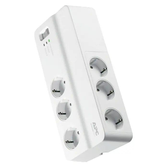 Schneider Electric Base de enchufe múltiple protectora - x 6, Blanco, Longitud del cable: 2 m, Con interruptor - Una regleta APC con protección contra sobretensiones y seis enchufes, ideal para proteger sus dispositivos electrónicos de fluctuaciones de voltaje.