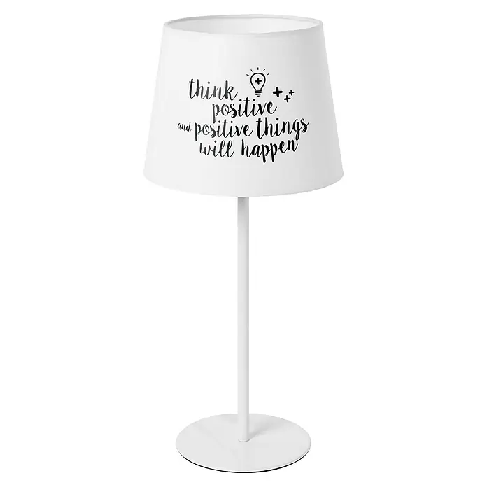 Sulion Lámpara de sobremesa - 60 W, L x An x Al: 18 x 18 x 42 cm, Negro/blanco, E27 - Una lámpara de mesa con pantalla blanca que tiene la inscripción "Think Positive and Positive Things Will Happen" se coloca sobre una superficie.