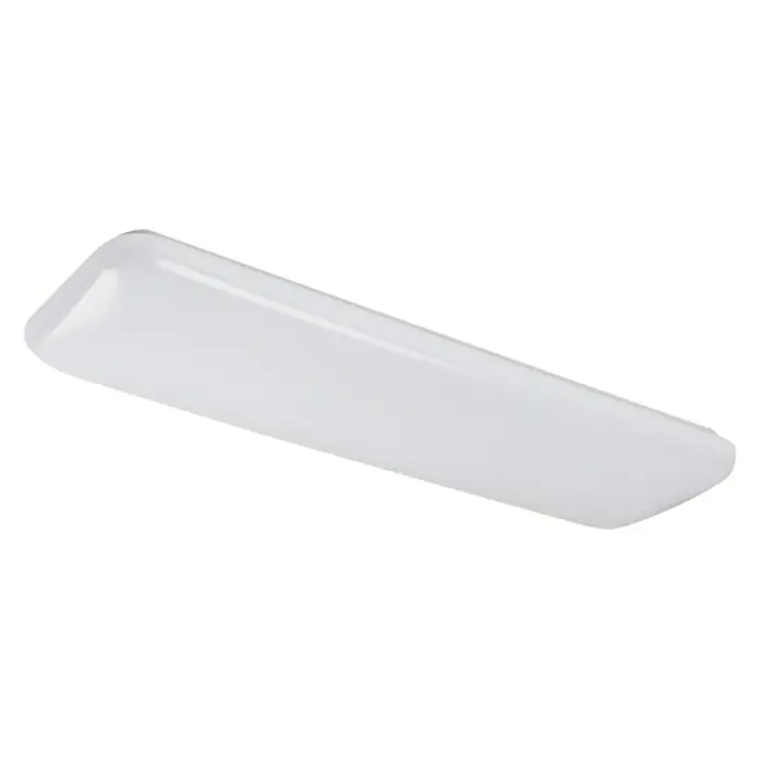 Luceco Plafón LED Luminaria - 24 W, Blanco, Largo: 60 cm - Primer plano de una lámpara de techo LED blanca oblonga con bordes redondeados sobre un fondo negro.