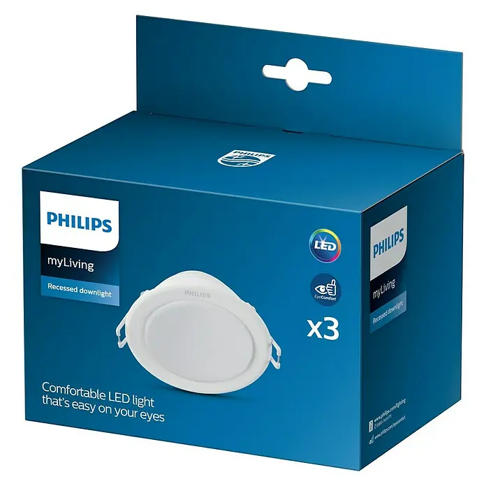 Philips Set de focos LED empotrables Meson - 3 ud., 16,5 W, Ø x Al: 9 x 4,55 cm, Blanco neutro - Un foco empotrable LED Philips myLiving en su caja. Luz LED cómoda y suave para tus ojos.