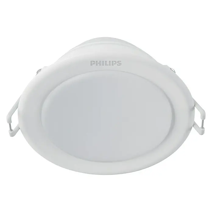 Philips Set de focos LED empotrables Meson - 3 ud., 16,5 W, Ø x Al: 9 x 4,55 cm, Blanco neutro - Primer plano de una lámpara de techo LED blanca Philips con un diseño redondeado y clips de montaje visibles para una fácil instalación.
