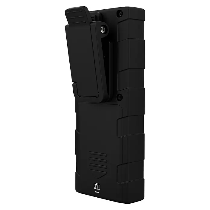 Nebo Tools Linterna Tino - 3 x 5 x 10 cm, 300 lm - Primer plano de la parte posterior de un dispositivo negro con clip para cinturón, mostrando su diseño robusto e indicadores de batería.