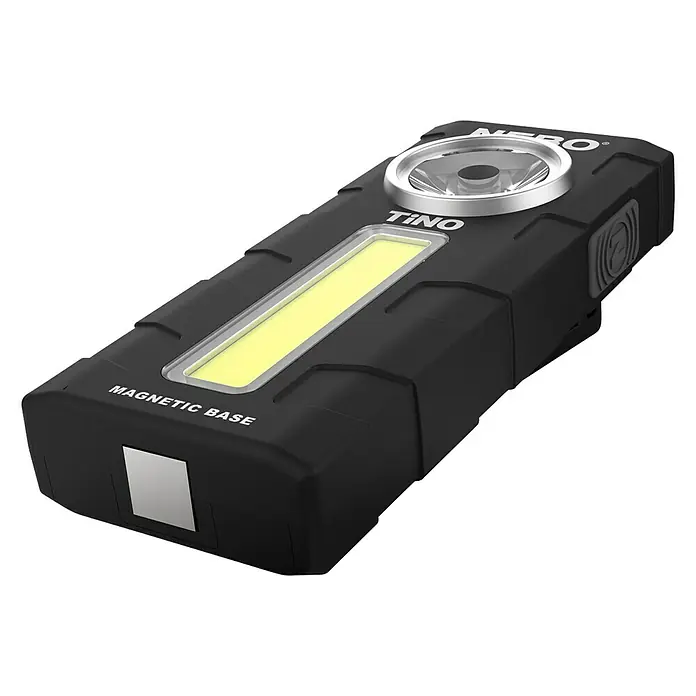Nebo Tools Linterna Tino - 3 x 5 x 10 cm, 300 lm - Luz de trabajo negra Tino con base magnética, luz COB y luz superior adicional para enfocar. Lámpara versátil para taller y desplazamientos.