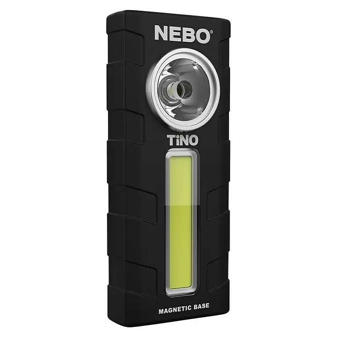 Nebo Tools Linterna Tino - 3 x 5 x 10 cm, 300 lm - Primer plano de una luz de trabajo negra NEBO TiNO con base magnética.