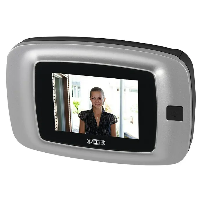 Abus Digitaler Türspion DTS2814 - Stärke Tür: 38 mm - 110 mm, 2,8 ", TFT-Bildschirm, Einbaumaß: 14 mm Türbohrungen, Silber, Schwarz - ABUS Türspion mit digitalem Bildschirm, der eine Frau vor einer Haustür zeigt, für verbesserte Sicherheit und Komfort.