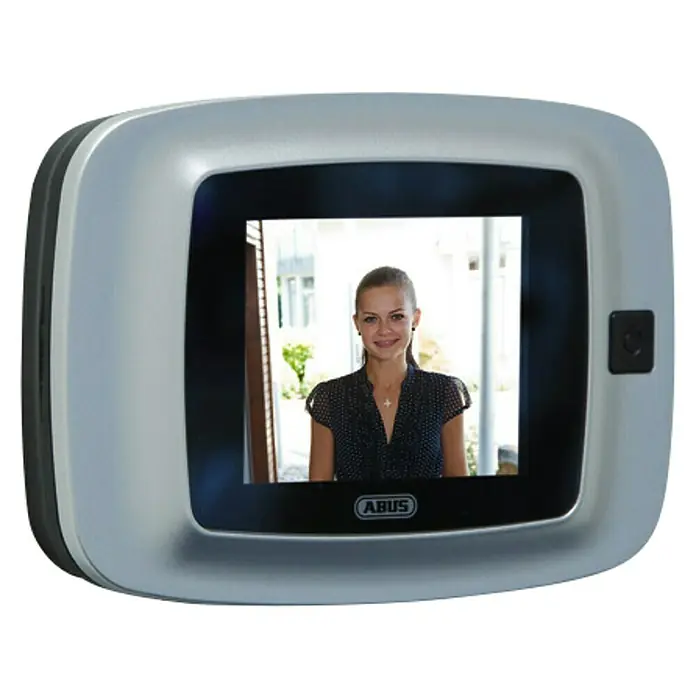 Abus Digitaler Türspion DTS2814 - Stärke Tür: 38 mm - 110 mm, 2,8 ", TFT-Bildschirm, Einbaumaß: 14 mm Türbohrungen, Silber, Schwarz - Digitale ABUS-Türspionkamera in Silber und Schwarz, die eine Frau vor einer Tür zeigt. Eine sichere Art, die Besucher zu sehen.