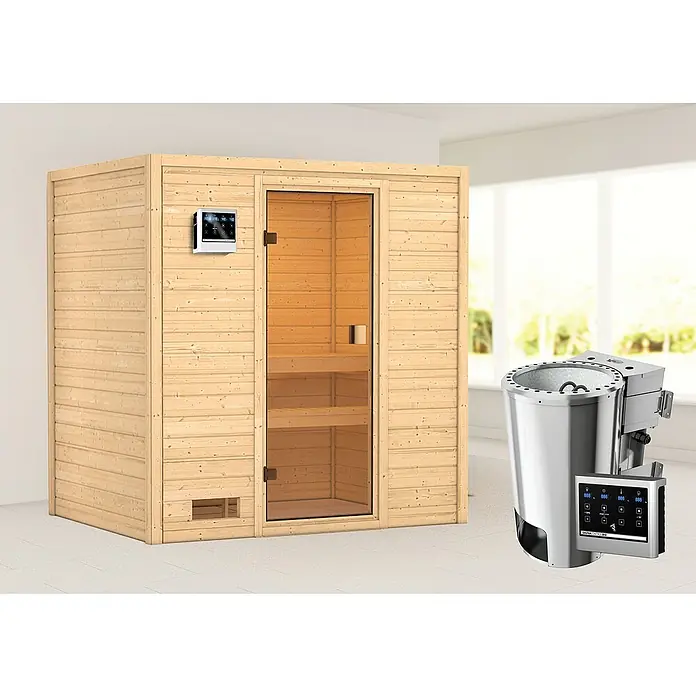 Karibu Massivholzsauna Selena - L x B x H: 145 x 195 x 187 cm, 3,6 kW Bio-Saunaofen mit multifunktionaler Steuerung, Ohne Dachkranz - Eine Indoor-Sauna aus Holz mit Glastür und ein Saunaofen mit Steuerung. Ideal für Entspannung und Wellness zu Hause.