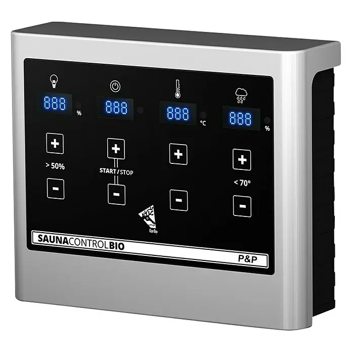 Karibu Massivholzsauna Selena - L x B x H: 145 x 195 x 187 cm, 3,6 kW Bio-Saunaofen mit multifunktionaler Steuerung, Ohne Dachkranz - Nahaufnahme einer Saunasteuerung mit digitaler Anzeige und Bedienknöpfen zur Temperatur- und Feuchtigkeitseinstellung.