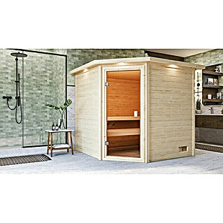 Karibu Massivholzsauna Tilda (Ohne Ofen, Mit Dachkranz und Beleuchtung, Material Tür: Ganzglas Bronze, 209 x 223 x 191 cm)