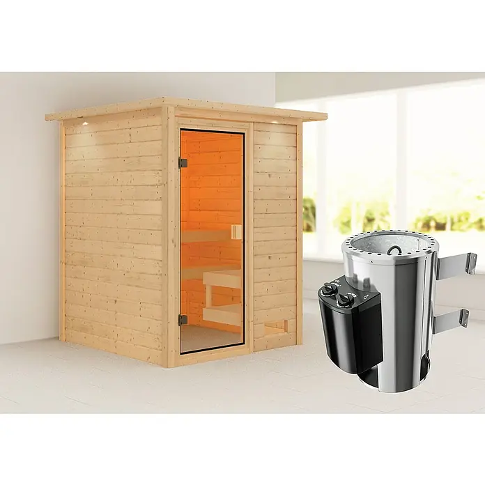 Karibu Massivholzsauna Sandra - L x B x H: 159 x 173 x 191 cm, Mit Dachkranz und Beleuchtung, 3,6 kW Saunaofen mit integrierter Steuerung - Sauna mit Holzverkleidung und einem Saunaofen aus Edelstahl, der für ein authentisches Saunaerlebnis sorgt.\n