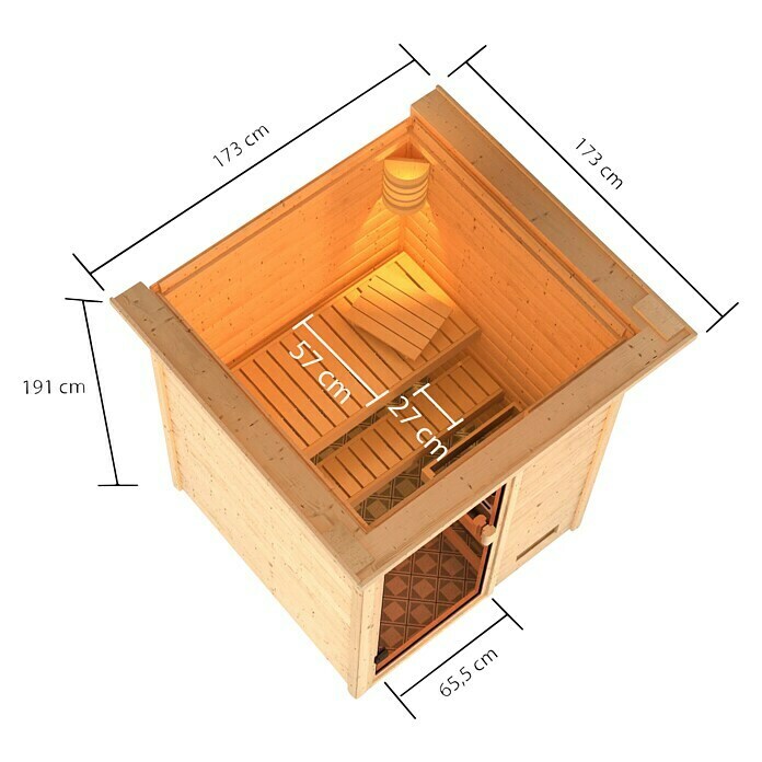 Karibu Massivholzsauna SandraMit 3,6 kW Saunaofen mit integrierter Steuerung, Mit Dachkranz und Beleuchtung, Material Tür: Ganzglas Bronze, 159 x 173 x 191 cm View From Above