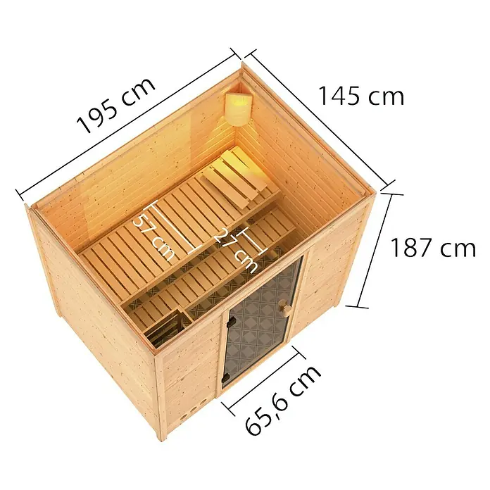 Karibu Massivholzsauna Selena - L x B x H: 145 x 195 x 187 cm, 3,6 kW Bio-Saunaofen mit multifunktionaler Steuerung, Ohne Dachkranz - Abbildung einer Saunakabine mit verschiedenen Maßangaben, die die Abmessungen des Produkts zeigen.
