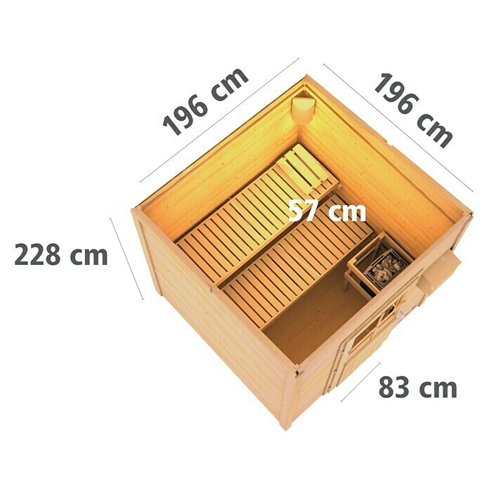 Karibu Saunahaus TainaMit 9 kW Saunaofen mit externer Steuerung, 196 x 196 x 226 cm, Terragrau View From Above