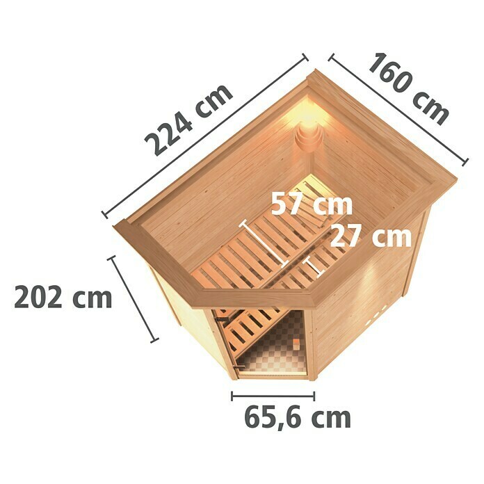 Karibu Massivholzsauna Svea (L x B x H: 160 x 224 x 202 cm, Materialspezifizierung Tür: Ganzglas Klar, Mit Dachkranz und Beleuchtung, Inklusive Ofenschutzgitter) | BAUHAUS