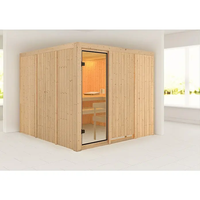 Karibu Elementsauna Arvika - Ohne Ofen, L x B x H: 231 x 231 x 198 cm - Einblick in eine helle Holzsauna mit Glastür. Entspannung pur! Die Sauna bietet Platz für erholsame Stunden.