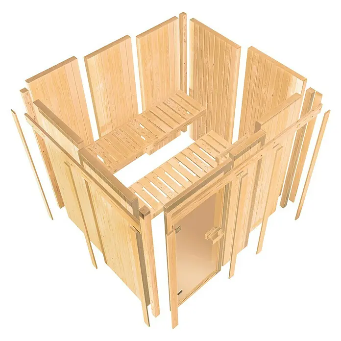 Karibu Elementsauna Arvika - Ohne Ofen, L x B x H: 231 x 231 x 198 cm - Das Bild zeigt eine zerlegte Sauna aus hellem Holz, bestehend aus Wänden, Tür und Bänken, vor einem schwarzen Hintergrund.