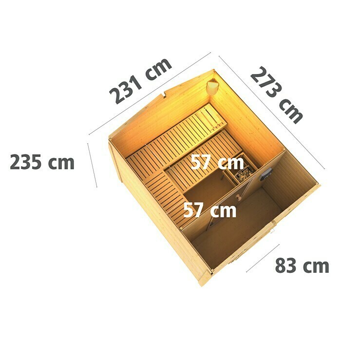 Karibu Saunahaus BirkaMit 9 kW Saunaofen mit externer Steuerung, 273 x 231 x 235 cm, Natur View From Above