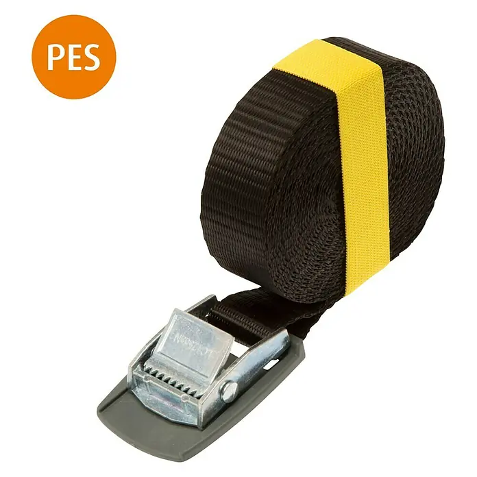 Conacord Spanngurt - 4 m x 25 mm, Belastbarkeit: 200 kg - Schwarzes Rollspanngurt mit gelbem Band und Metallschnalle. Das perfekte Produkt zum Sichern und Spannen von Ladung.