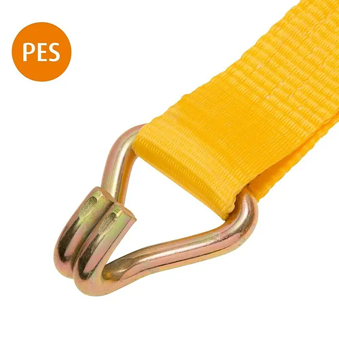 Conacord Spanngurt - 8 m x 50 mm, Belastbarkeit: 2.500 kg - Nahaufnahme eines gelben PES-Spanngurts mit Metallhaken, der für sichere Ladungssicherung sorgt.