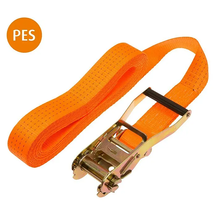 Conacord Spanngurt - 8 m x 50 mm, Belastbarkeit: 2.000 kg - Ein orangefarbener Spanngurt mit einer Metallschnalle für sichere Ladungssicherung.