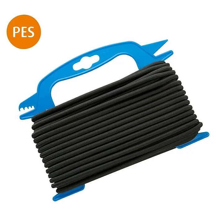 Conacord Gummiseil - Durchmesser: 6 mm, Länge: 20 m - Schwarzes PES-Gummiseil auf einer blauen Kunststoffspule mit Griff und Messerklingen zur einfachen Handhabung und Lagerung.