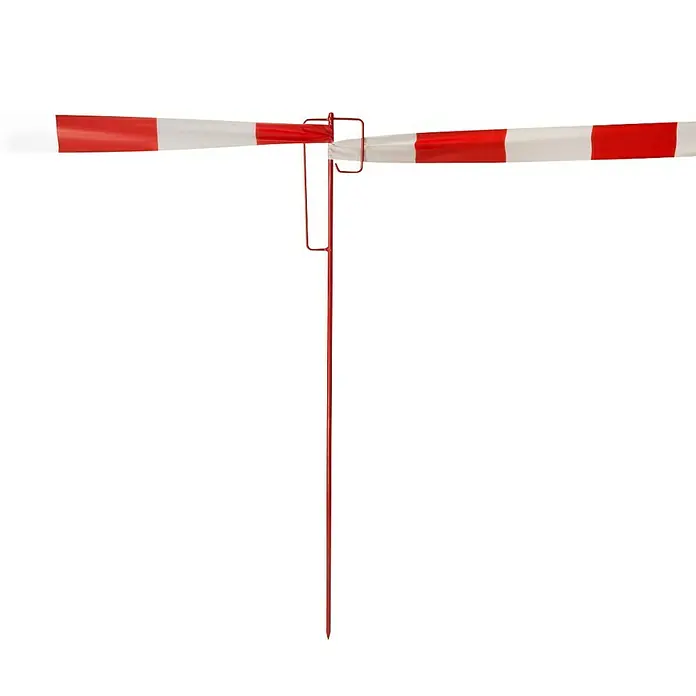 Conacord Absperrleinenhalter - Sicherheitsbügel - Rotes und weißes Absperrband an einer roten Metallstange, das ein Hindernis oder eine Warnung signalisiert.