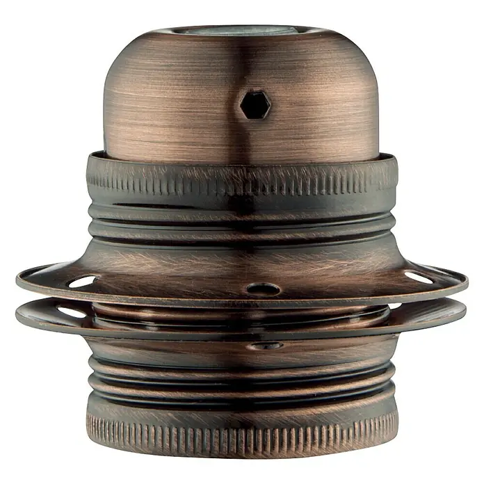 Home Sweet Home Lampenfassung - E27, Kupfer, Ø x H: 4,6 x 7,5 cm - Nahaufnahme einer Lampenfassung in Antik-Bronze-Finish, die Details wie Gewinde und Befestigungslöcher hervorhebt.