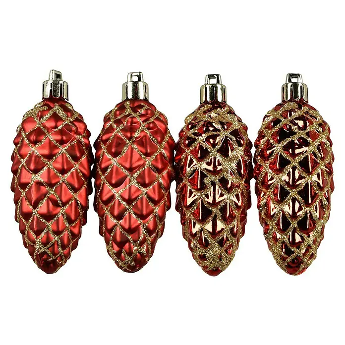 Christbaumschmuck Zapfen - Rot, Kunststoff, 6 Stk. - Rote, glitzernde Tannenzapfen-Ornamente.