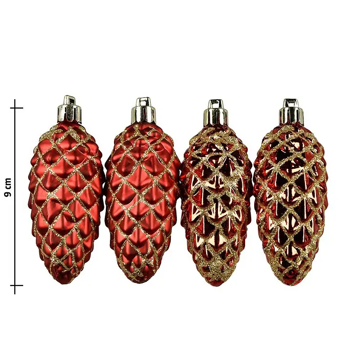 Christbaumschmuck Zapfen - Rot, Kunststoff, 6 Stk. - Dekoratives Set aus vier roten Tannenzapfen-Ornamenten mit goldfarbenen Akzenten, ideal für die festliche Weihnachtsdekoration.