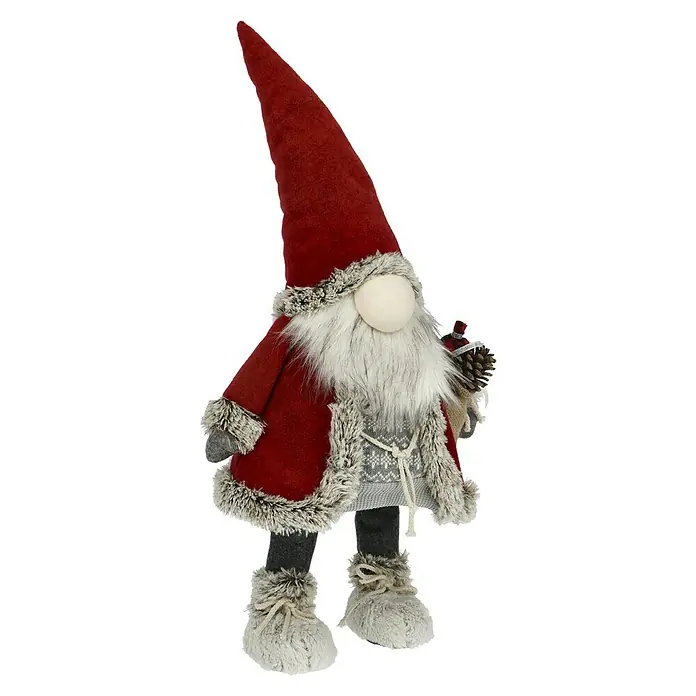 Dekofigur wackelnder Wichtel mit Jutebeutel - L x B x H: 24 x 19 x 78 cm, Textil - Dekorativer Weihnachts-Wichtel mit roter Mütze und Mantel, grauem Bart und Stiefeln. Perfekt für festliche Dekorationen im Innenbereich.