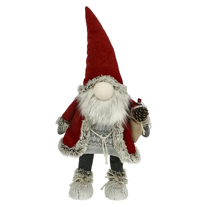 Dekofigur wackelnder Wichtel mit Jutebeutel - L x B x H: 24 x 19 x 78 cm, Textil - Niedlicher Weihnachtsgnom mit roter Mütze, Bart und Sack mit Tannenzapfen, ideal für festliche Dekorationen.