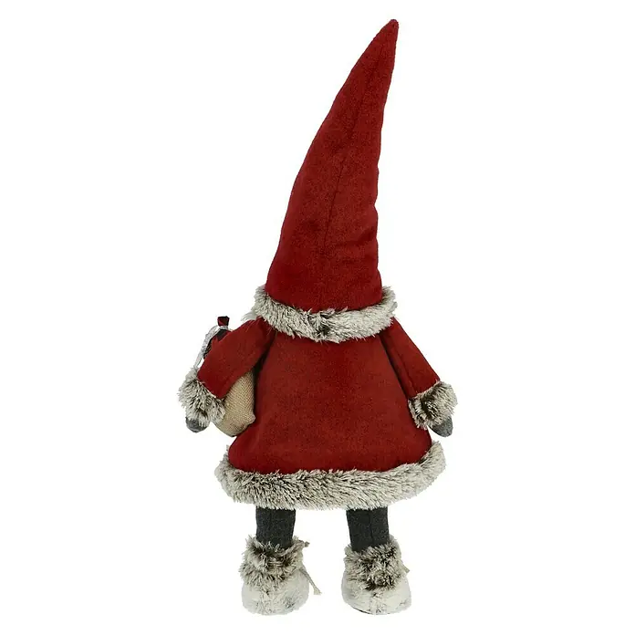 Dekofigur wackelnder Wichtel mit Jutebeutel - L x B x H: 24 x 19 x 78 cm, Textil - Ein festlicher roter Zwerg mit langem Hut, Pelzbesatz und kleinem Sack, der eine charmante weihnachtliche Atmosphäre verbreitet.