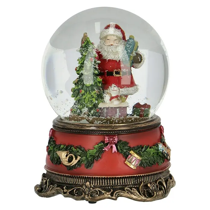 Schneekugel mit Spieluhr - Kunststoff, Weihnachtsmann - Wunderschöne Schneekugel mit Weihnachtsmann, Weihnachtsbaum und Geschenken, die festliche Stimmung verbreitet.