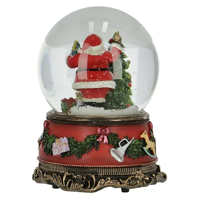 Schneekugel mit Spieluhr - Kunststoff, Weihnachtsmann - Weihnachtliche Schneekugel mit Santa und Baum. Dekorative Kugel mit festlicher Basis, ideal für die Saison.