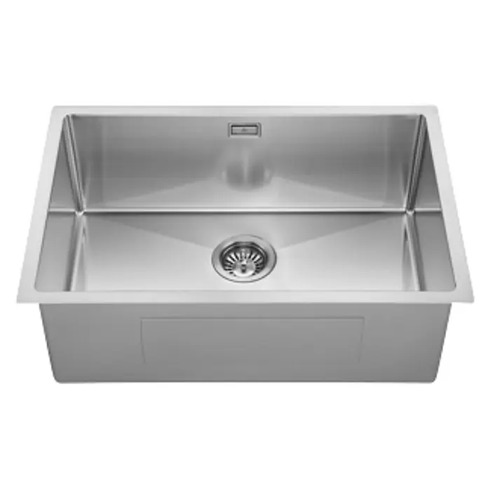 Fregadero encastrable Urano - 45,7 x 68,6 cm, Acero inoxidable, Acero inoxidable, Resplandeciente - Primer plano de un fregadero de cocina moderno de acero inoxidable con desagüe. Un diseño limpio, perfecto para cualquier cocina.