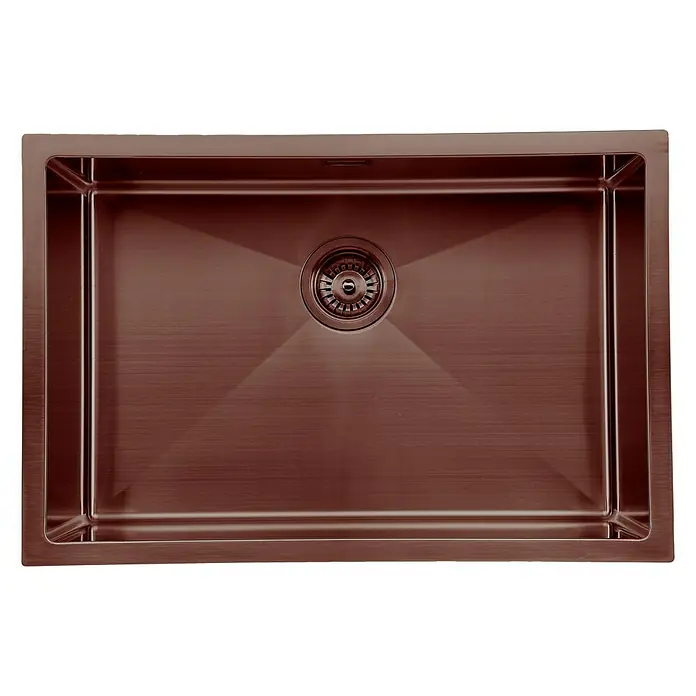 Fregadero encastrable Urano - 45,7 x 68,6 cm, Acero inoxidable, Cobre/Rose, Mate - Primer plano de un fregadero rectangular moderno de cobre con desagüe central, perfecto para cualquier cocina.