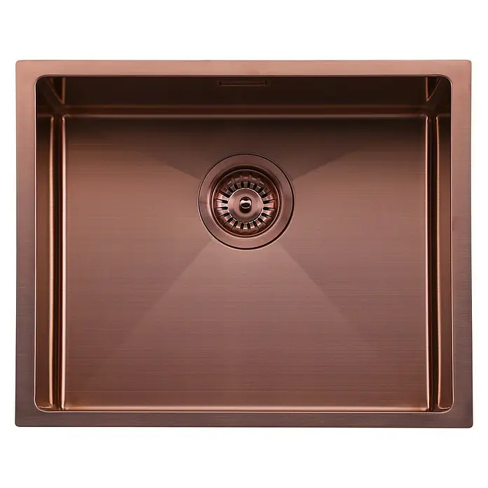 Fregadero encastrable Venus - 44 x 54 cm, Acero inoxidable, Rosa, Mate - Primer plano de un fregadero moderno con acabado en cobre y desagüe central, ideal para cocinas elegantes.