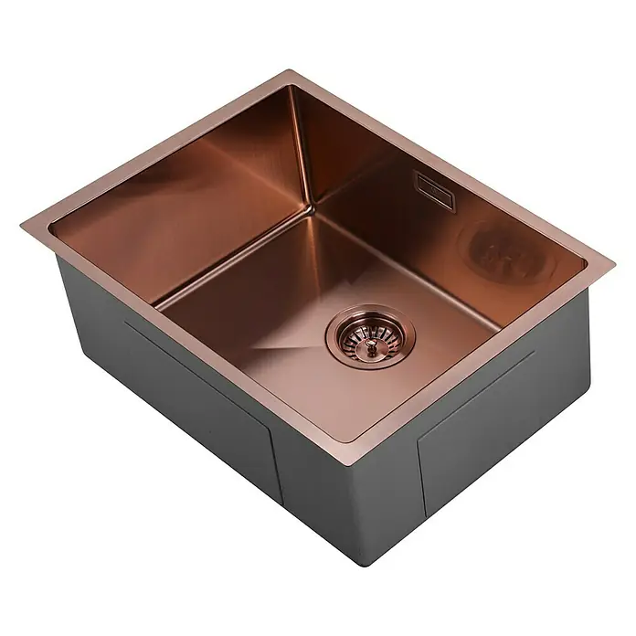 Fregadero encastrable Venus - 44 x 54 cm, Acero inoxidable, Rosa, Mate - Primer plano de un fregadero rectangular moderno en tono cobre con cuerpo gris, ideal para cocinas elegantes.