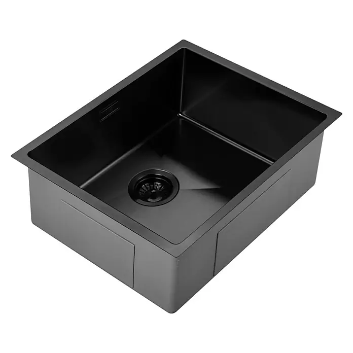 Fregadero encastrable Venus - 44 x 54 cm, Acero inoxidable, Antracita, Brillante - Aquí tienes un primer plano de un fregadero negro moderno con un desagüe elegante, perfecto para cualquier cocina contemporánea.
