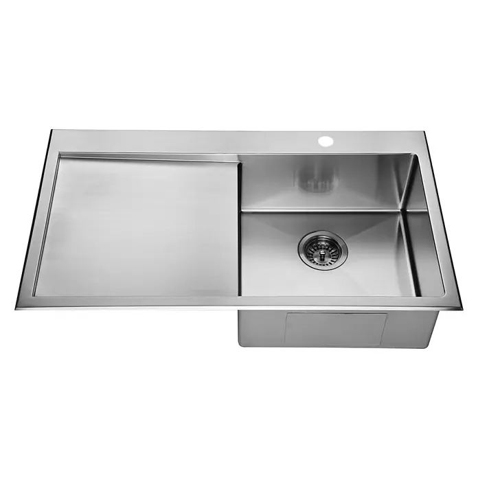 Fregadero encastrable Saturno con escurridor a la izquierda - 50 x 86 cm, Acero inoxidable - Imagen de un fregadero moderno de acero inoxidable con escurridor y un práctico diseño de desagüe para un trabajo eficiente en la cocina.