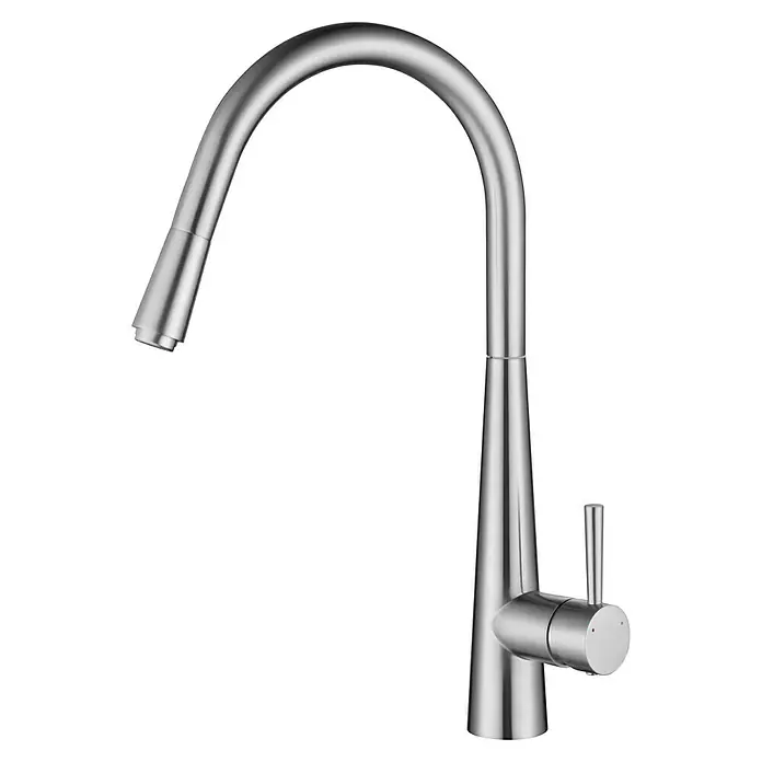 Grifo de cocina Géminis - Cromo, Resplandeciente - En la imagen, un moderno grifo de cocina de acero inoxidable con caño curvo y monomando para un diseño de cocina elegante.