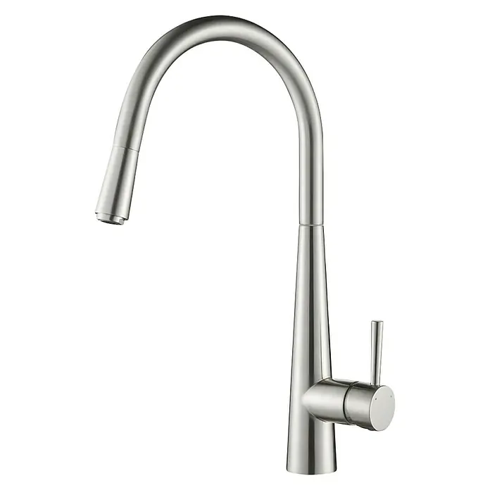 Grifo de cocina Géminis - Acero inoxidable - Un grifo moderno y curvo de acero cepillado con una palanca elegante, ideal para un fregadero de cocina o baño.