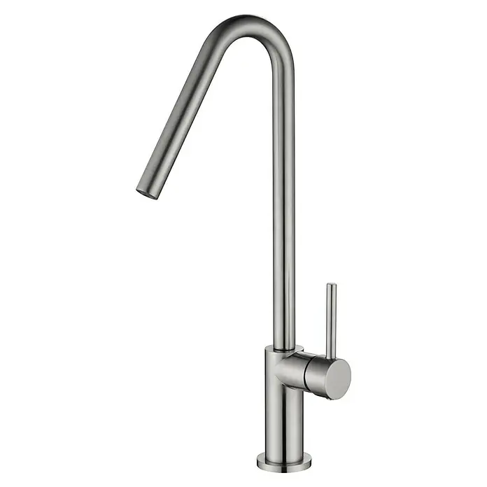 Grifo de cocina Sagitario - Acero inoxidable - En la imagen se muestra un elegante grifo de cocina con un caño curvo y una palanca lateral, ideal para cocinas modernas.