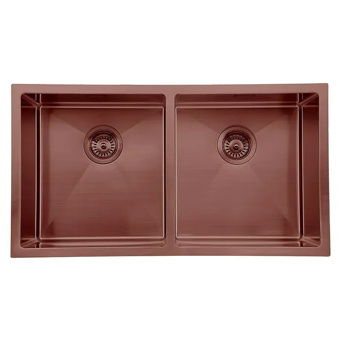 Fregadero encastrable Neptuno - 45,7 x 83,8 cm, Acero inoxidable, Número de cubetas: 2 ud., Rosa, Mate - Fregadero doble de cobre cepillado con dos cubetas y desagües situados en el centro.