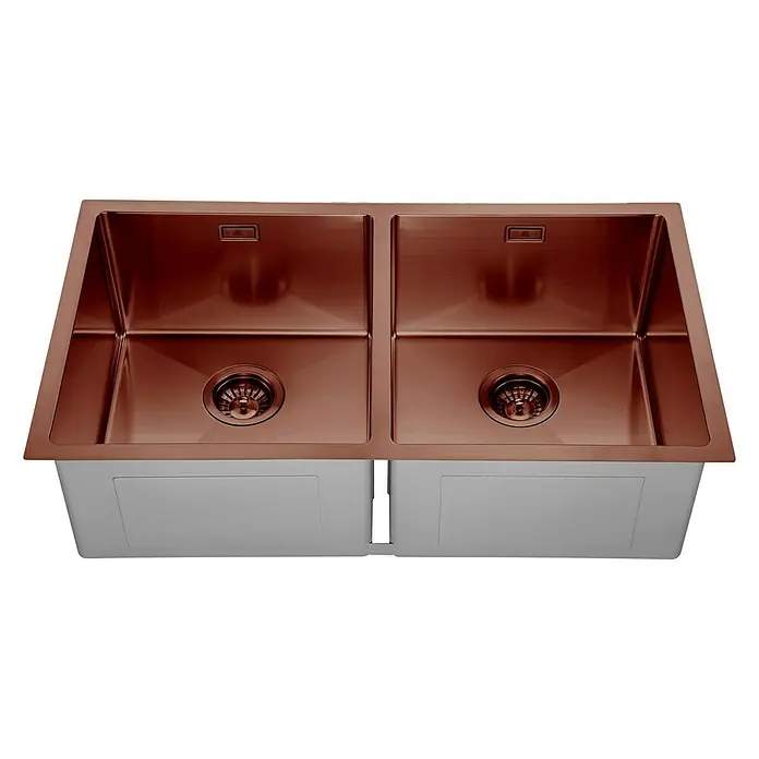 Fregadero encastrable Neptuno - 45,7 x 83,8 cm, Acero inoxidable, Número de cubetas: 2 ud., Rosa, Mate - Fregadero doble de cobre con dos cubetas y desagüe central. Ideal para cocinas modernas con mucho espacio.