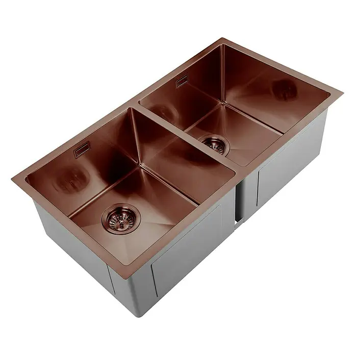Fregadero encastrable Neptuno - 45,7 x 83,8 cm, Acero inoxidable, Número de cubetas: 2 ud., Rosa, Mate - Primer plano de un fregadero doble con un elegante acabado de cobre, perfecto para cocinas modernas.