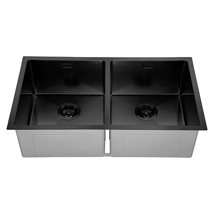 Fregadero encastrable Neptuno - 45,7 x 83,8 cm, Acero inoxidable, Número de cubetas: 2 ud., Antracita, Resplandeciente - Fregadero negro de doble cubeta con dos senos y desagües. El fregadero moderno es de acero inoxidable.