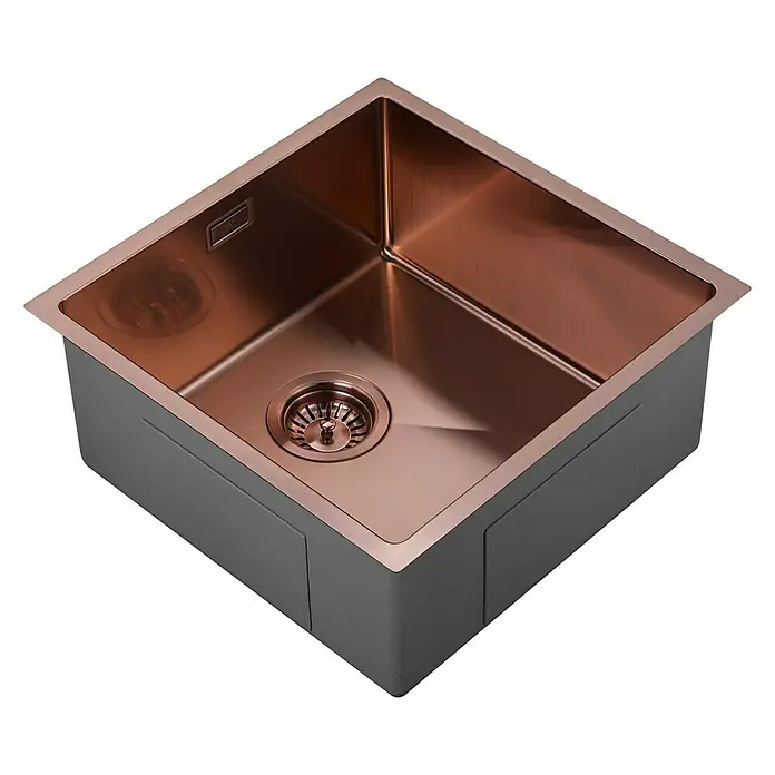 Fregadero encastrable Marte - 44 x 44 cm, Acero inoxidable, Rosa, Mate - Un fregadero cuadrado de color cobre con un exterior gris, que ofrece una adición moderna y elegante a cualquier cocina.