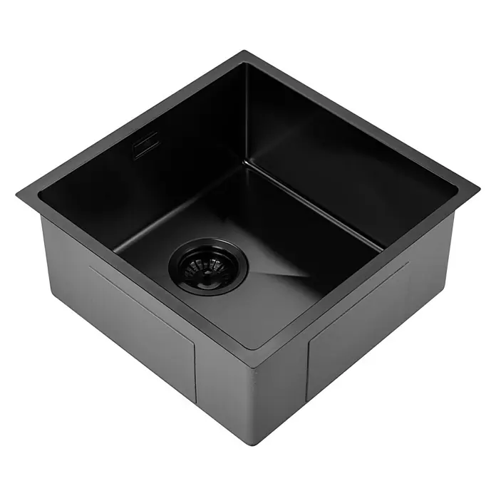 Fregadero encastrable Marte - 44 x 44 cm, Acero inoxidable, Antracita, Resplandeciente - Un fregadero moderno negro de acero inoxidable con un desagüe central, ideal para cocinas elegantes.